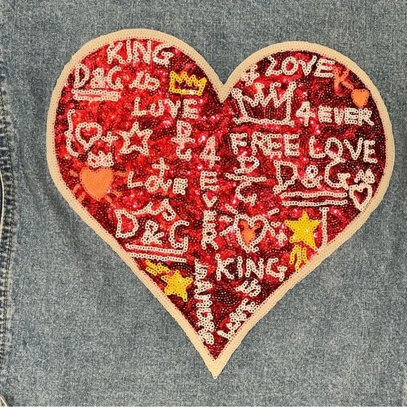 NWT Trucker ❤️ Sequin Heart Handmade One of a Kind Jean Jacket Petite - Picture 6 of 13